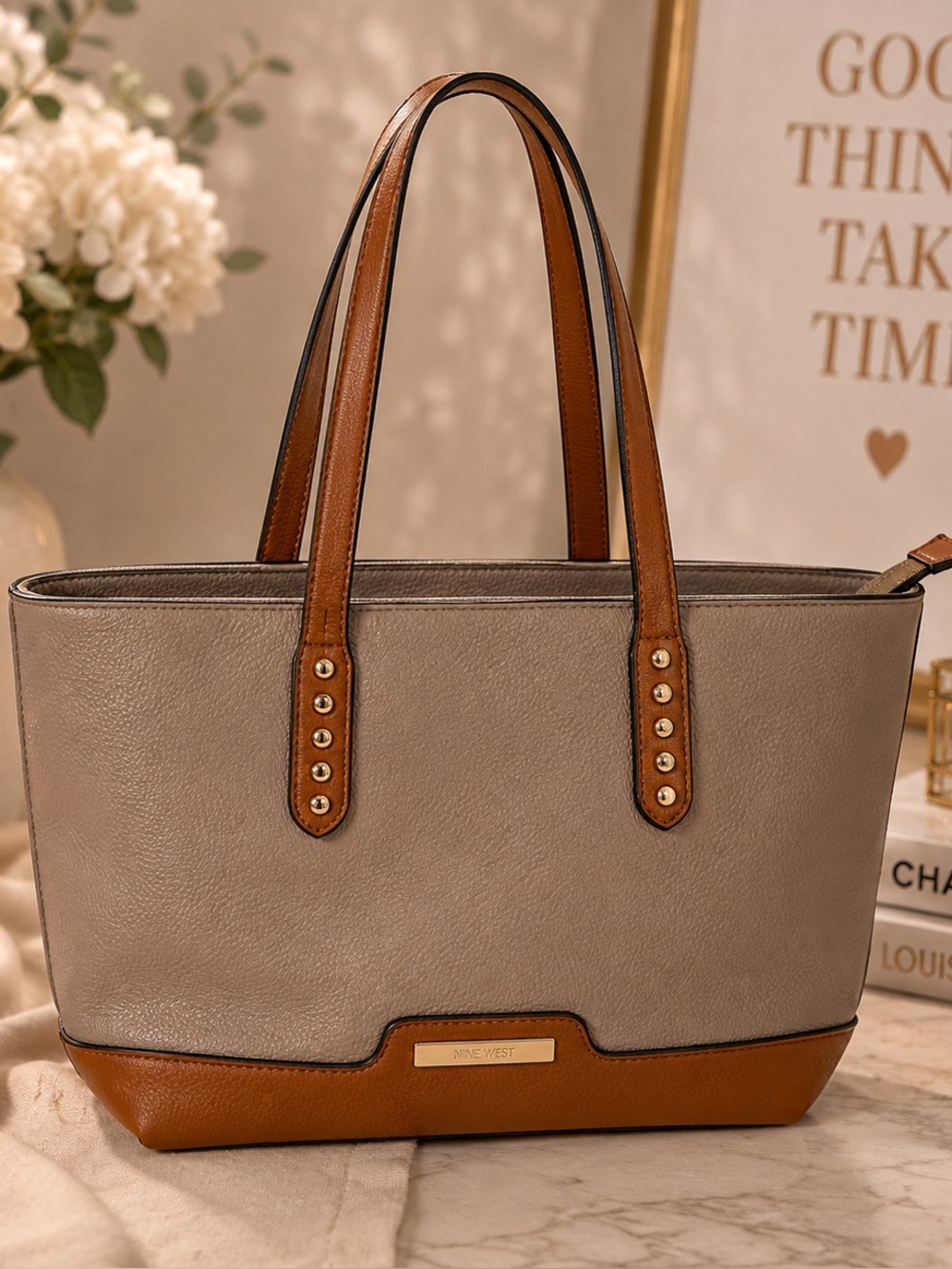 Classic Two-Tone Tote Bag in Taupe and Tan NWT
